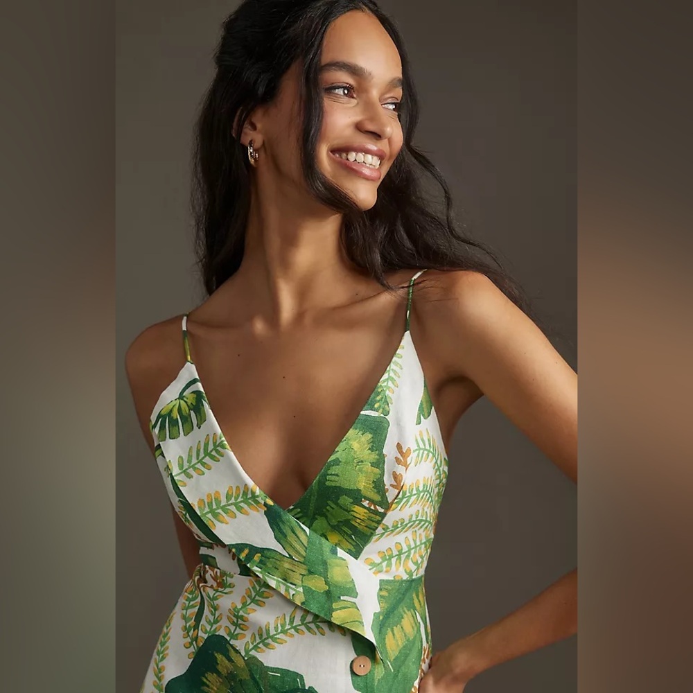 Farm Rio Tropical Forest Linen Mini Dress Green XS - Picture 4 of 10